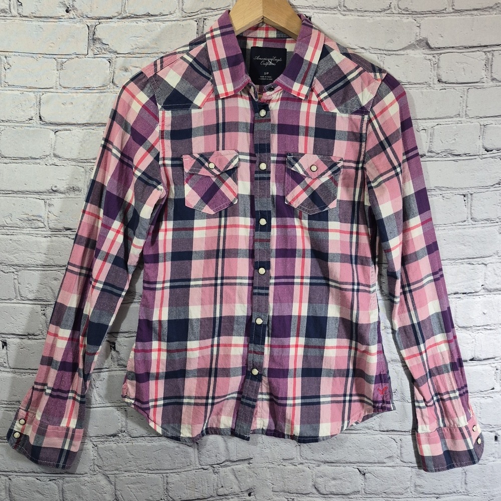 American Eagle Pearl Snap Western Plaid Shirt Womens Small Pink Purple Rodeo